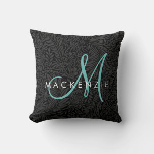 Elegant Black Floral Blauwgroen Script Monogram Kussen