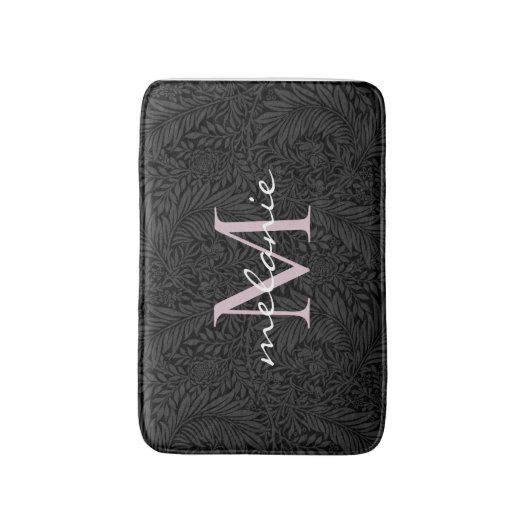 Elegant Black Floral Blush Pink Script Monogram Badmat (Voorkant Verticaal)