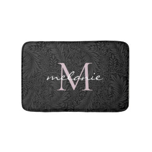 Elegant Black Floral Blush Pink Script Monogram Badmat