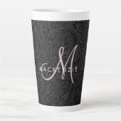 Elegant Black Floral Blush Pink Script Monogram Latte Mok (Voorkant)