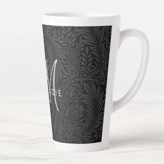 Elegant Black Floral Blush Pink Script Monogram Latte Mok (Rechts)