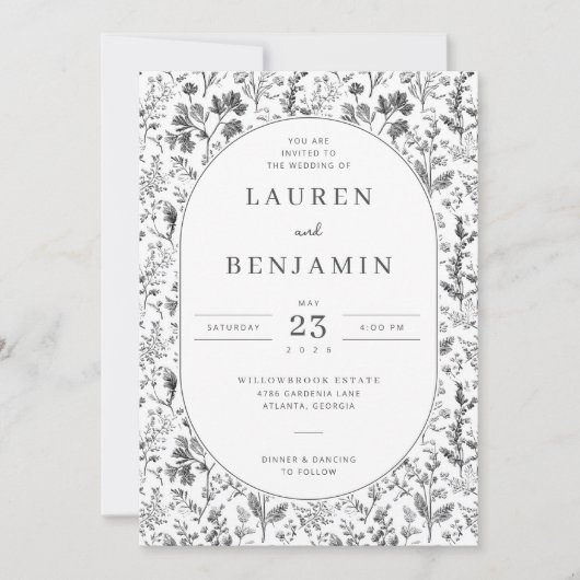 Elegant Black Floral Botanical Kaart (Voorkant)