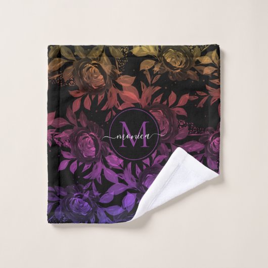 Elegant Black Floral Botanical Waterverf Monogram Bad Handdoek (Wasdoekje)