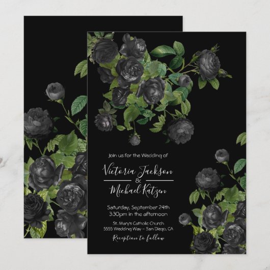 Elegant Black Floral Botanical Wedding Invitation Kaart (Voorkant / Achterkant)