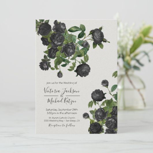 Elegant Black Floral Botanical Wedding Kaart (Staand voorkant)