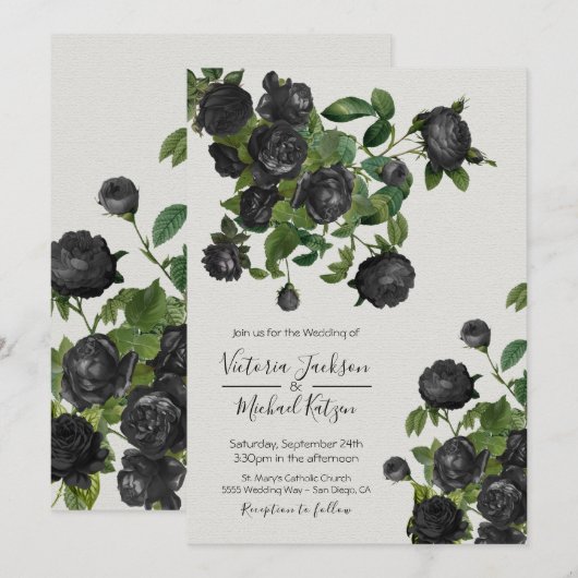 Elegant Black Floral Botanical Wedding Kaart (Voorkant / Achterkant)