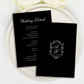 Elegant Black Floral Crest Monogram Script Wedding Informatiekaartje