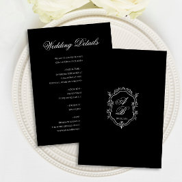 Elegant Black Floral Crest Monogram Script Wedding Informatiekaartje