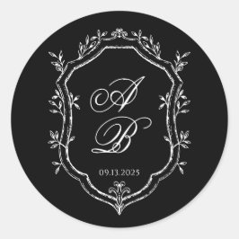Elegant Black Floral Crest Monogram Script Wedding Ronde Sticker