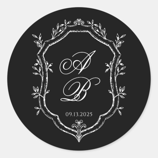 Elegant Black Floral Crest Monogram Script Wedding Ronde Sticker (Voorkant)