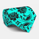 Elegant Black Floral Damascus Turquoise Achtergron Stropdas (Opgerold)