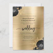 Elegant Black Floral Gold Brushed Metal Wedding Kaart (Voorkant)