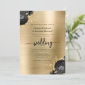 Elegant Black Floral Gold Brushed Metal Wedding Kaart (Staand voorkant)