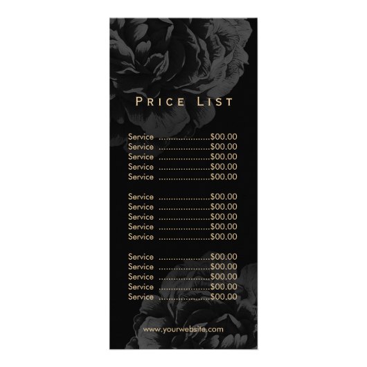 Elegant Black Floral Gold Monogram Price List Reclamekaart (Achterkant)