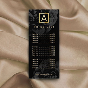 Elegant Black Floral Gold Monogram Price List Reclamekaart