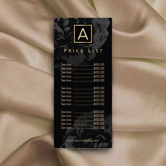 Elegant Black Floral Gold Monogram Price List Reclamekaart