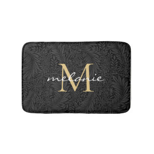 Elegant Black Floral Gold Script Monogram Badmat