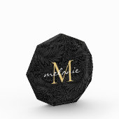 Elegant Black Floral Gold Script Monogram Fotoblokken (Links)