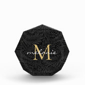 Elegant Black Floral Gold Script Monogram Fotoblokken (Voorkant)