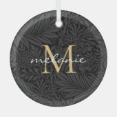 Elegant Black Floral Gold Script Monogram Glas Ornament (Voorkant)