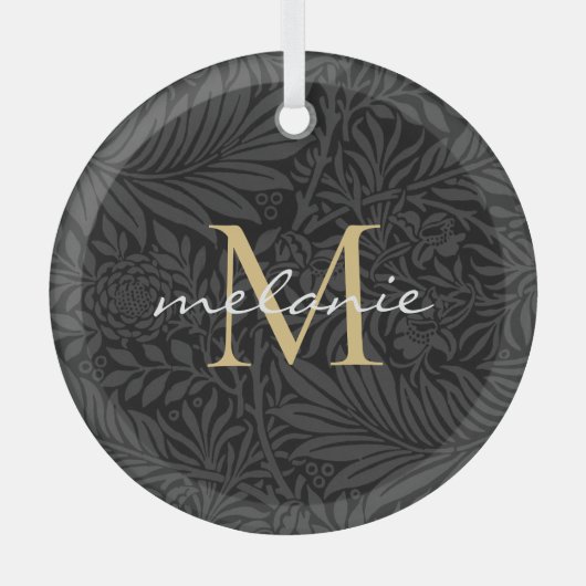 Elegant Black Floral Gold Script Monogram Glas Ornament (Voorkant)