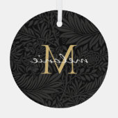 Elegant Black Floral Gold Script Monogram Glas Ornament (Achterkant)