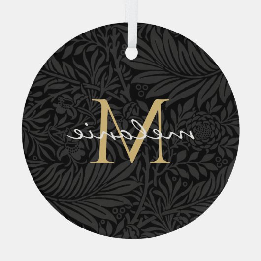 Elegant Black Floral Gold Script Monogram Glas Ornament (Achterkant)