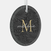 Elegant Black Floral Gold Script Monogram Glas Ornament (Voorkant Rechts)