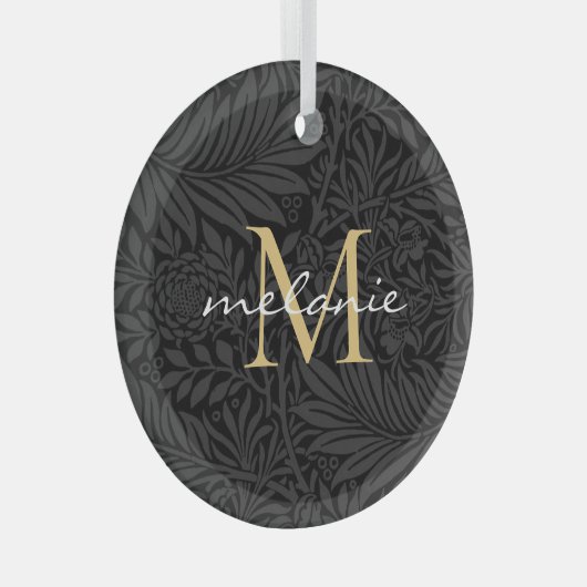 Elegant Black Floral Gold Script Monogram Glas Ornament (Voorkant Rechts)