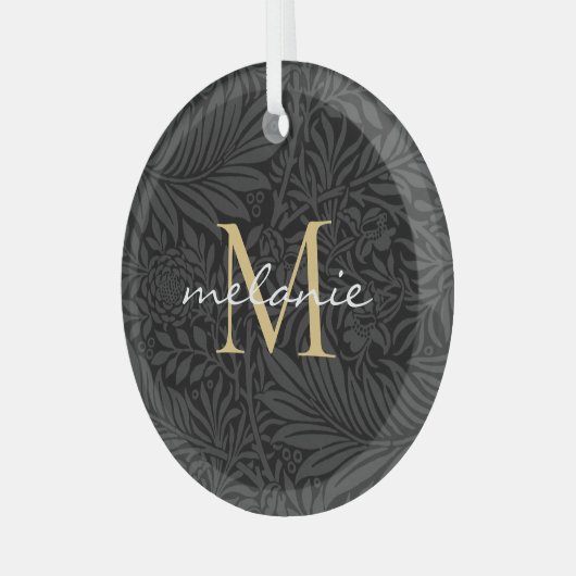 Elegant Black Floral Gold Script Monogram Glas Ornament (Voorkant links)