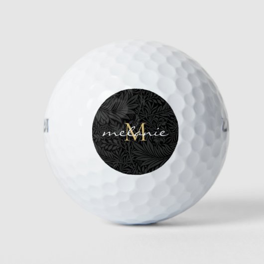 Elegant Black Floral Gold Script Monogram Golfballen (Voorkant)