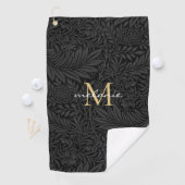 Elegant Black Floral Gold Script Monogram Golfhanddoek (Insitu)