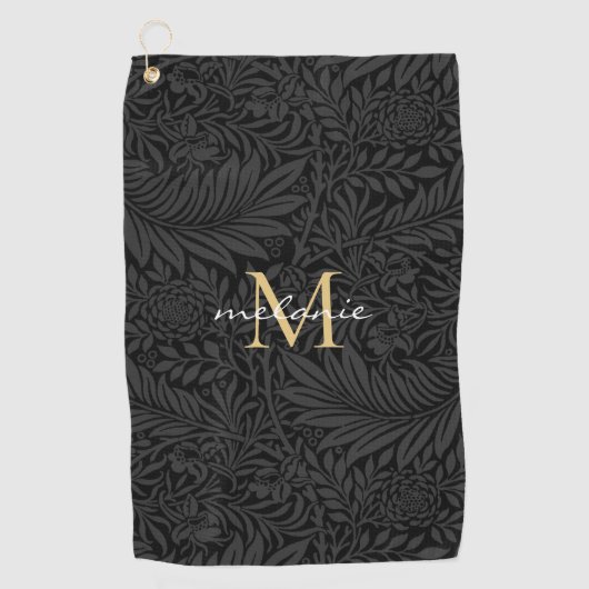 Elegant Black Floral Gold Script Monogram Golfhanddoek (Voorkant)