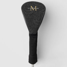 Elegant Black Floral Gold Script Monogram Golfheadcover