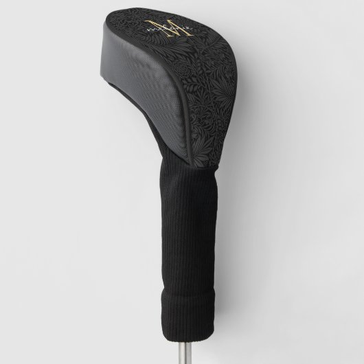 Elegant Black Floral Gold Script Monogram Golfheadcover (Schuin)