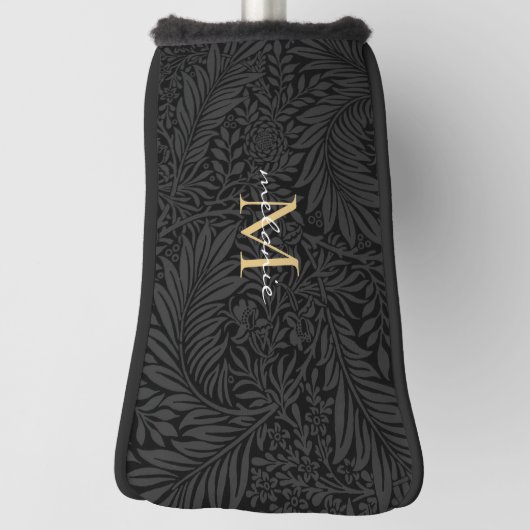 Elegant Black Floral Gold Script Monogram Golfheadcover (Draai 90)