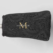 Elegant Black Floral Gold Script Monogram Golfheadcover (Voorkant)