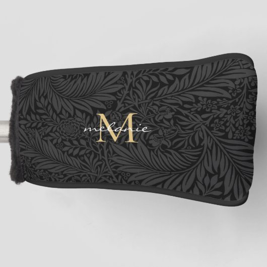 Elegant Black Floral Gold Script Monogram Golfheadcover (Voorkant)