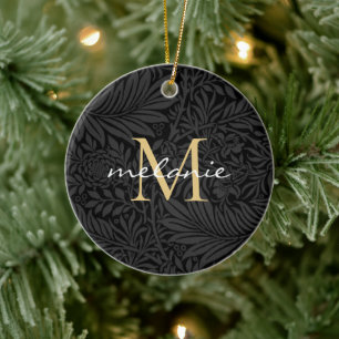 Elegant Black Floral Gold Script Monogram Keramisch Ornament