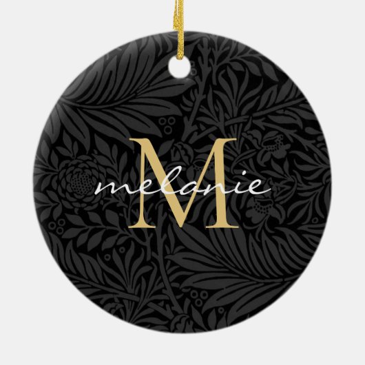Elegant Black Floral Gold Script Monogram Keramisch Ornament (Achterkant)
