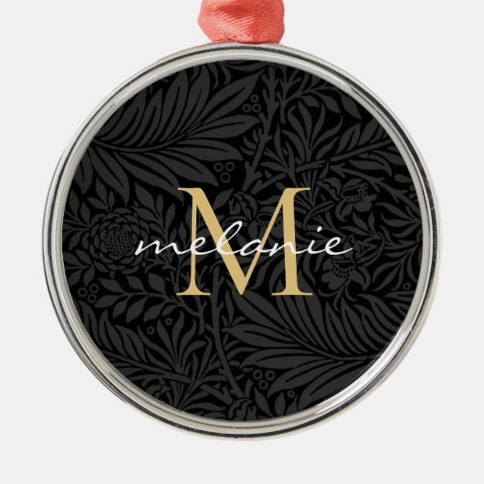 Elegant Black Floral Gold Script Monogram Metalen Ornament (Voorkant)