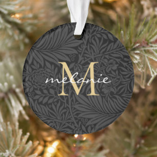 Elegant Black Floral Gold Script Monogram Ornament