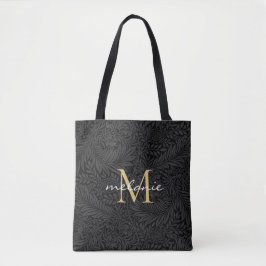 Elegant Black Floral Gold Script Monogram Tote Bag