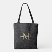 Elegant Black Floral Gold Script Monogram Tote Bag (Achterkant)