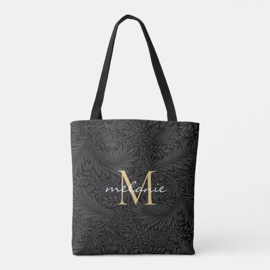 Elegant Black Floral Gold Script Monogram Tote Bag (Achterkant)