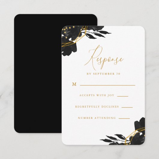 Elegant Black Floral Gold Wedding Rsvp (Voorkant / Achterkant)