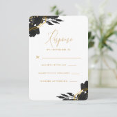 Elegant Black Floral Gold Wedding Rsvp (Staand voorkant)