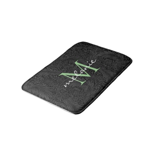 Elegant Black Floral Green Script Monogram Badmat (Gekanteld)
