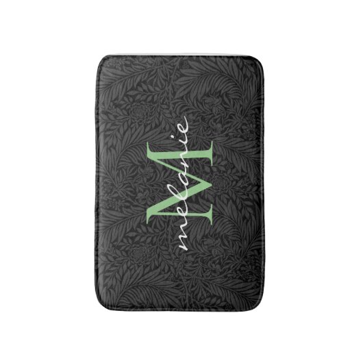 Elegant Black Floral Green Script Monogram Badmat (Voorkant Verticaal)