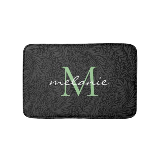 Elegant Black Floral Green Script Monogram Badmat (Voorkant)
